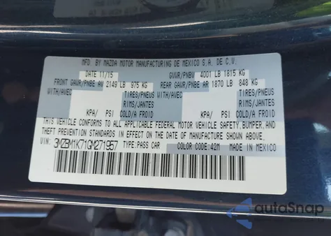 2016 Mazda Mazda3 I Sport из США, поврежденный, VIN 3MZBM1K71GM271957